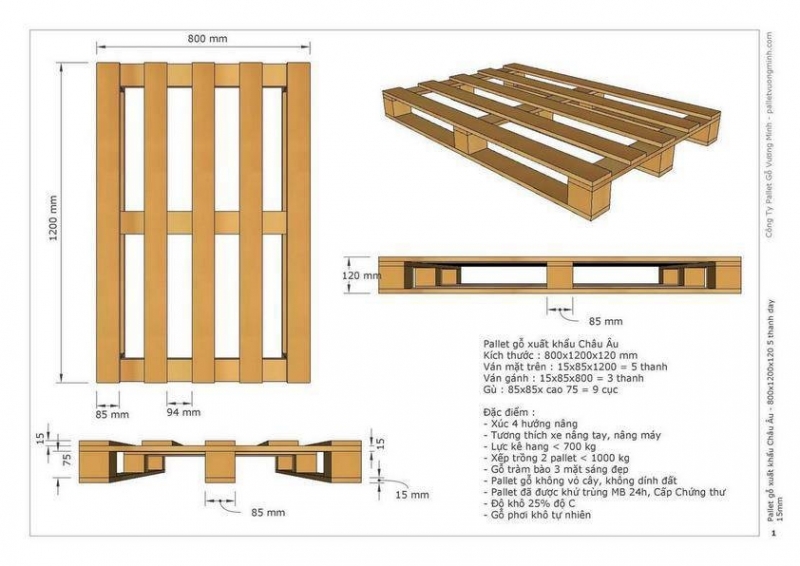 Pallet gỗ xuất khẩu 800x1200x120mm - Tải 700 kg - bào 3 mặt - pallet 5 cây