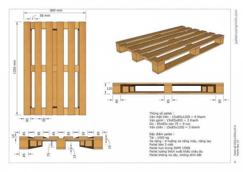 Pallet gỗ xuất khẩu 800x1200x120mm - Tải 1000 kg - bào 3 mặt - pallet 6 cây