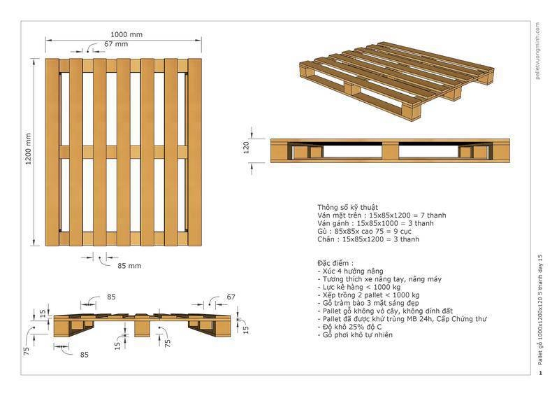 Pallet gỗ xuất khẩu 1000x1200x120mm - Tải 1000 kg - bào 3 mặt - pallet 7 cây dày 15