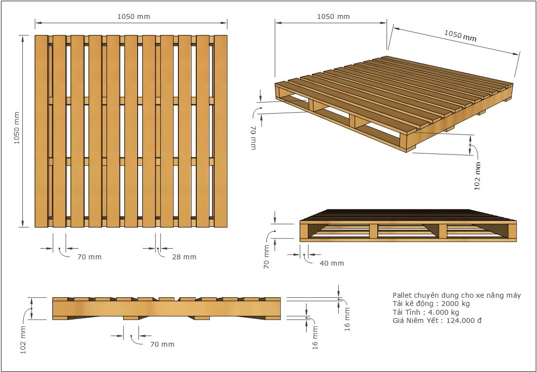 Pallet Gỗ 1050x1050x100mm Chuyên Dùng Cho Xe Nâng Máy - Kê Hàng Gạch - Hàng Nặng